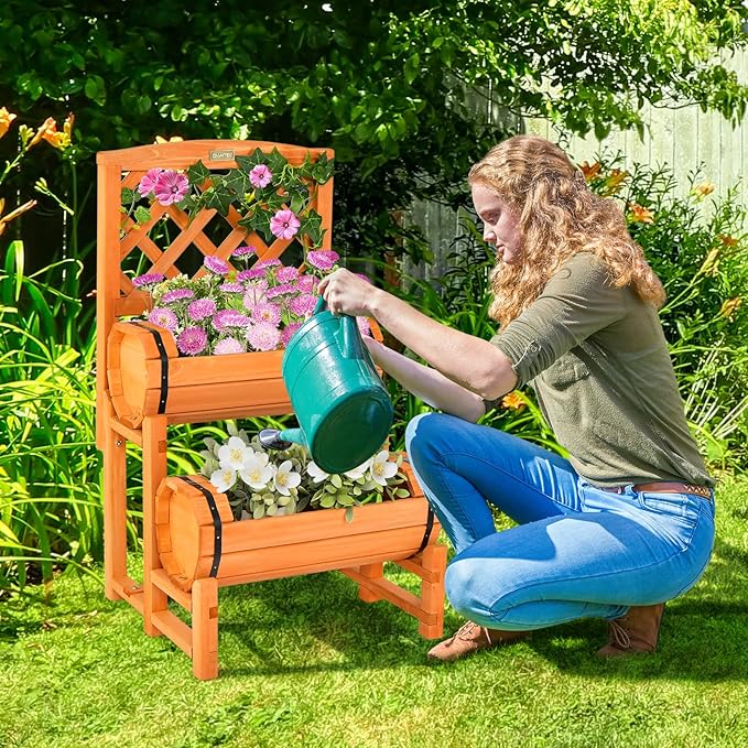 Giantex Raised Garden Bed with 2 Barrel Planters &amp Trellis 2-Tier Freestanding Wooden Raised Bed for Vegetable Flower Fruit Indoor Outdoor Plant Box for Garden Yard Balcony