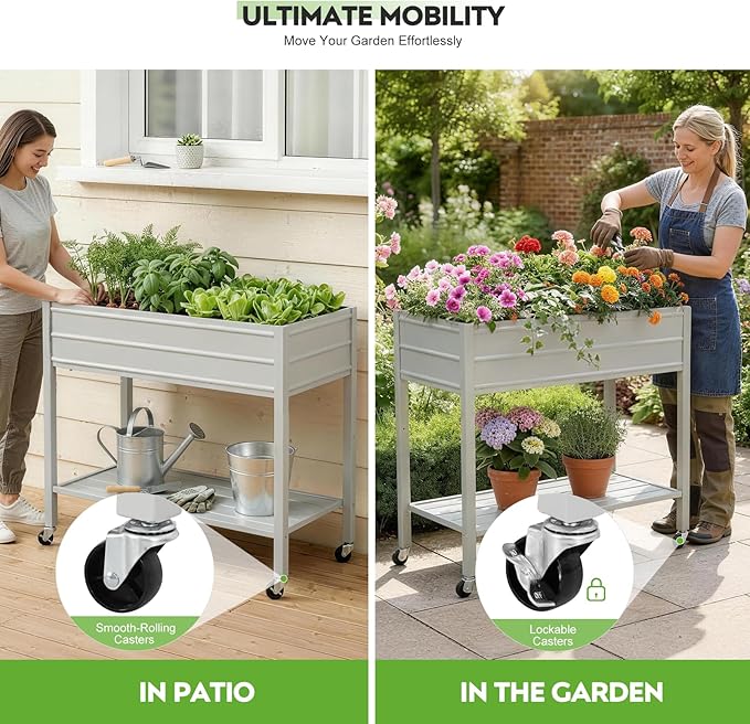 ZORMY 32 Tall Galvanized Raised Garden Bed with Legs Wheels &amp Shelf Elevated Planter Box Outdoor for Vegetables Herbs &amp Flowers Patio &amp Backyard Garden Bed with 400lb CapacityGrey