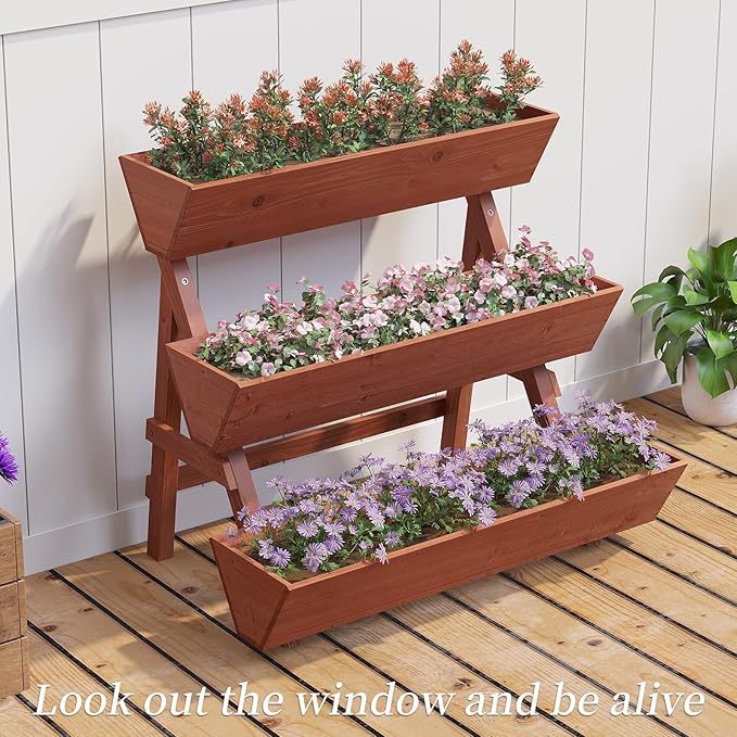 3-Tiers Wooden Raised Garden BedWood Planter Box for VegetableFlower RackFlower Pot StandsIndoor Outdoor Gardening Planting Beds (Brick red Large)