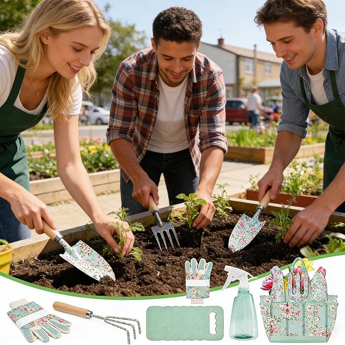 Garden Tool Set Patterned Organizer Bag Rust-Resistant Tools for Flower Beds Planting Digging Trimming Outdoor Yard Gardening for Gardener Mom Home Lightweight