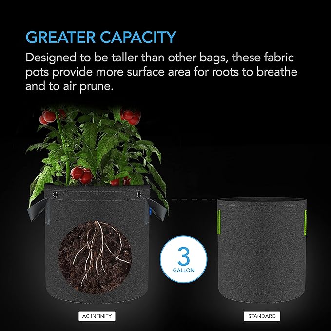 AC Infinity Heavy Duty Fabric Pots 3 Gallon Aeration Reusable Grow Bags 5-Pack with 500G Thick Nonwoven Fabric and Multi-Purpose Rings for Low Stress Plant Training Fruits Vegetables and Flowers