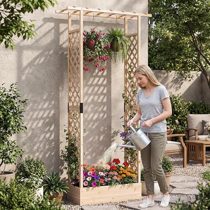 S AFSTAR Raised Garden Bed with Trellis 2 Pieces Fir Wood Planter Box with Flat Roof &amp Drainage Holes Vertical Planter Raised Bed for Climbing Plants Flowers &amp Vegetables 43 x 14 x 89 (