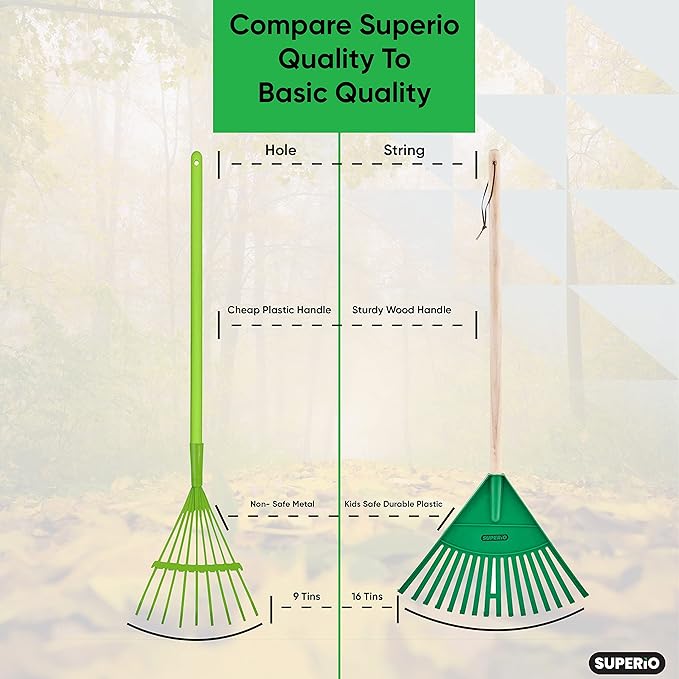 Superio Green Adult and Kids Garden Rakes with Hardwood Handle Durable Plastic Collect Loose Debris and Leaves in Lawn and Among Delicate Plants