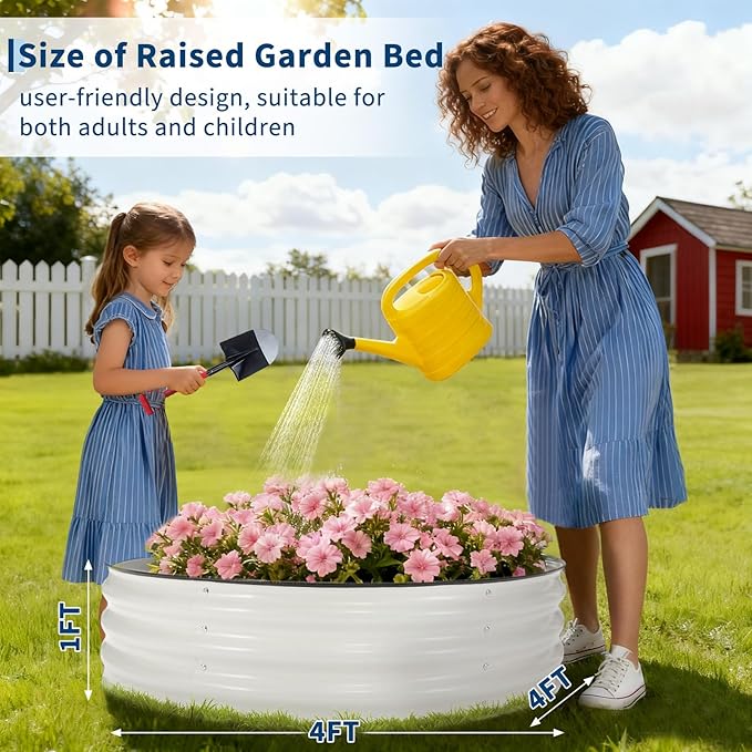 Round Galvanized Raised Garden Bed 4x4x1Ft-Outdoor Metal Circle Raised Garden BedRound Galvanized Planter for Patio Yard and Gardening