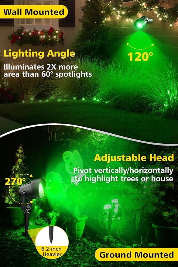 T-SUN Green Spotlight Outdoor Waterproof LED Landscape Lighting with US Plug Easy Install 270° Adjustable Outdoor Spot Lights for Garden Tree Yard Decor 2 Pack