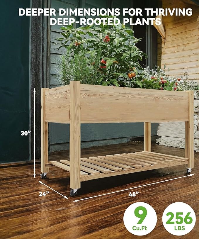 Wooden Raised Garden Bed with Wheels and Legs Planter Box with Storage Shelf &amp Protective Liner Outdoor Raised Planter Box for Growing Vegetables and Herbs Easy Assembly