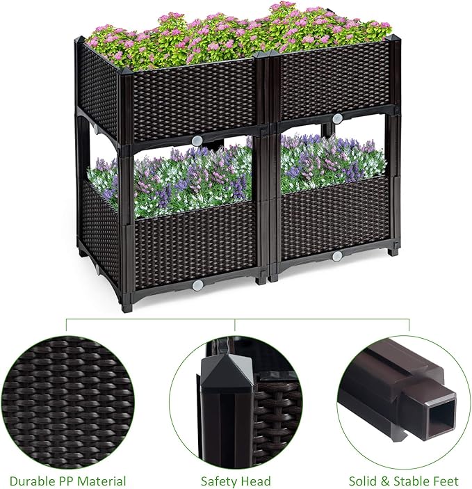 HAPPYGRILL Raised Garden Beds Set of 4 Elevated Planter Boxes with Drain Holes &amp Removable Legs Outdoor Raised Flower Bed for Patio Yard Balcony