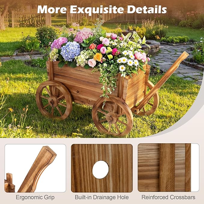 Giantex Wood Wagon Planter Rustic Rolling Flower Pot Stand with Wheels Handle &amp Drainage Hole for Growing Vegetables Herbs Indoor Outdoor Decorative Cart for Patio Balcony Garden