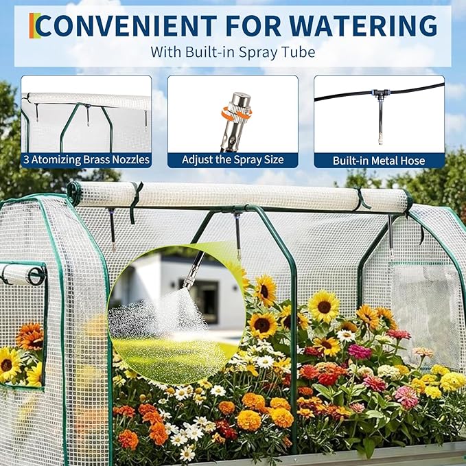 PeakPursuit Raised Garden Bed with Greenhouse Cover Raised Bed with Legs &amp Built-in Spray Tube for Vegetables Galvanized Metal Elevated Planter Box for Patio Backyard Balcony