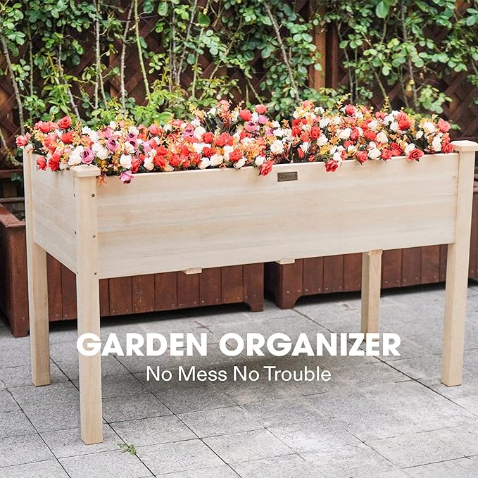 VIVOSUN Elevated Wooden Raised Garden Bed 48 x 24 x 30 Inches Outdoor Wood Planter Box w Bed Liner and Gloves for Garden Patio Balcony Backyard and Outdoors 220-Pound Capacity (Pack of 2)