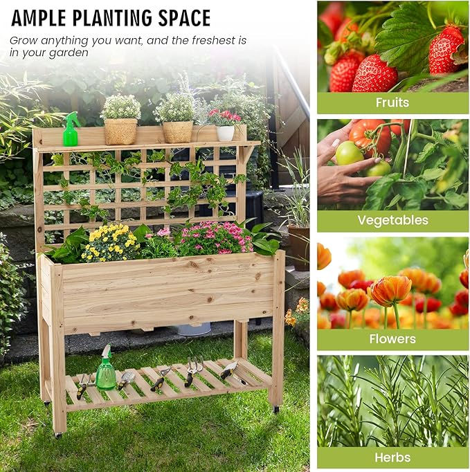 S AFSTAR Raised Garden Bed with Trellis 41.5x16x54in Mobile Elevated Planter Box with Wheels Bed Liner Top/Bottom Storage Shelves Freestanding Wood Planter Stand for Garden Patio Balcony