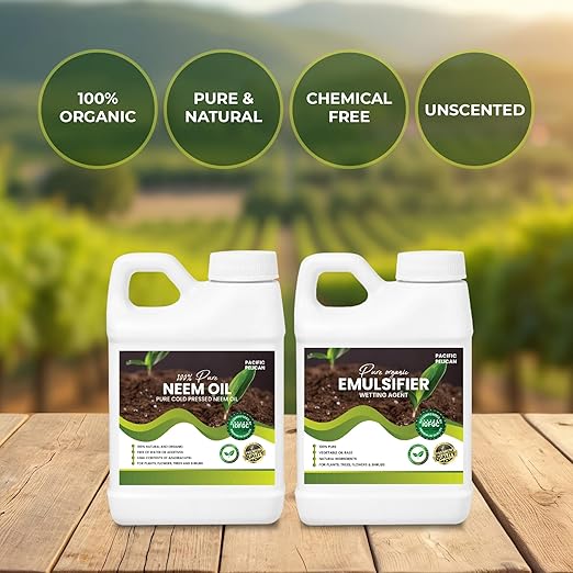 100% Pure Neem Oil &amp Unscented Emulsifier Combo - Natural Plant Care and Wetting Agent for Plants Trees (32 oz)