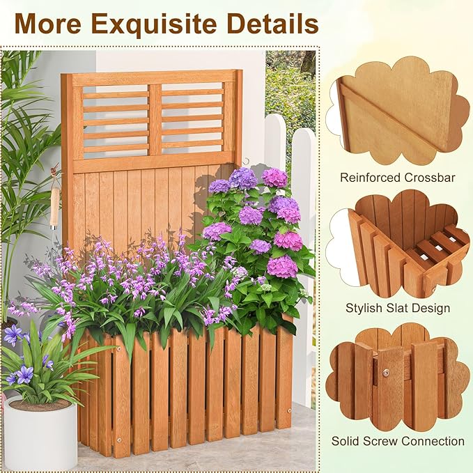 HAPPYGRILL Raised Garden Bed Wooden Planter w/Trellis &amp Privacy Screen for Hanging Pot Plants Outdoor Elevated Planter Box w/Slatted Bottom &amp 2 Side Hooks for Balcony Patio Garden (2)
