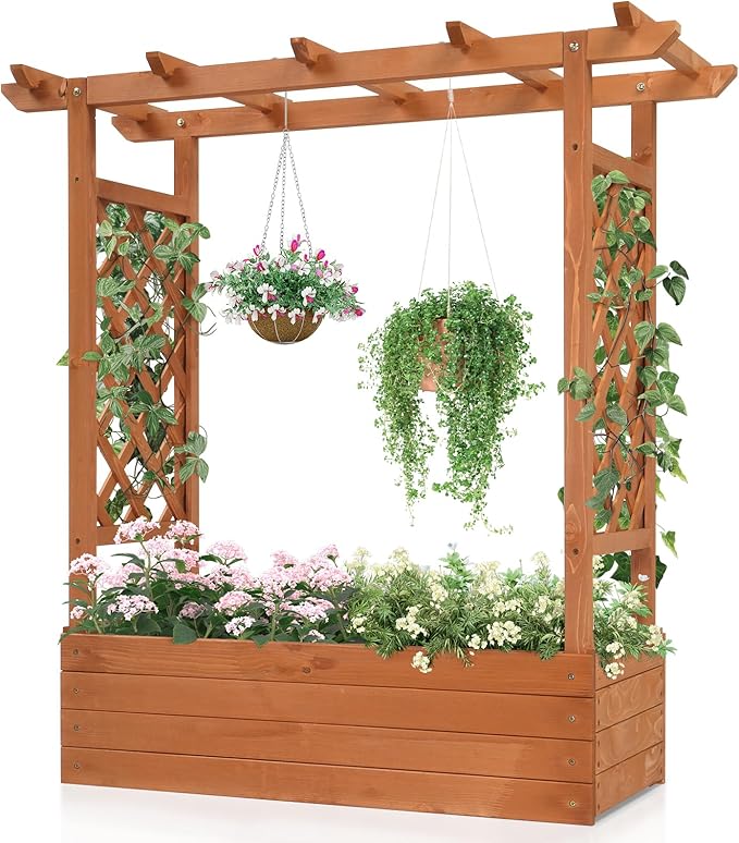 Raised Garden Bed with Trellis Wooden Elevated Planter Box w/Hanging Roof Drainage Holes &amp Removable Bottom Panels Indoor Outdoor Wood Planter for Yard Patio