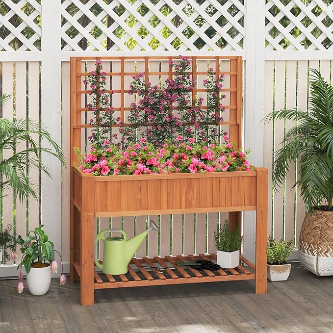 Giantex Raised Garden Bed with Trellis Wooden Elevated Planter Box with Legs Drainage Holes for Climbing Plants Vines Vegetables Flowers Herbs Outdoor Horticulture Planter for Patio Yard (Brown)