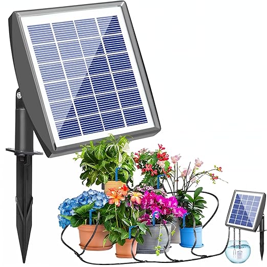 RISINGUP 49FT Solar Drip Irrigation System Auto Plant Watering Kit with Anti-Siphoning Device 750ml/min Flow with 2200mAh Battery for 15 Potted Plants Outdoor Garden Patio Balcony Greenhouse