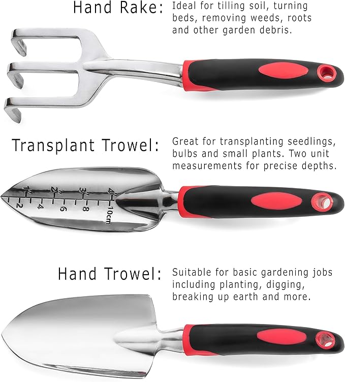 Hand Tools Set of 3 Heavy Duty Cast Aluminum Garden Tools with Ergonomic Handles Kit Includes 2 Trowels 1 Cultivator Hand Rake (3 Piece) Small Shovels for Gardening