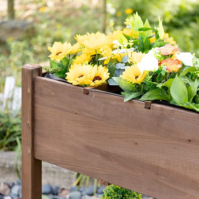 Raised Garden Bed with 8 Grow Grids Wooden Outdoor Planter Box with Wheels &amp Folding Side Table Self-Draining Elevated Plant Box for Vegetables Flowers Herbs 49 x 21 x 34 Brown