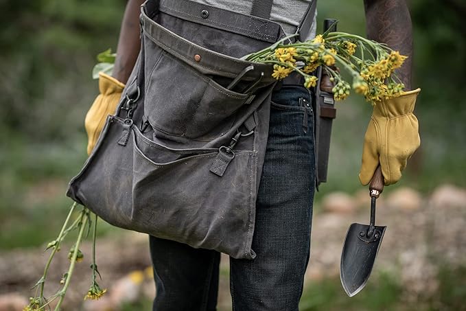 Barebones Harvesting and Gathering Bag - Foraging Harvest and Fruit Picking Bag with Convertible Straps - Water-Resistant Waxed Canvas Gardening Tool(Slate Gray)