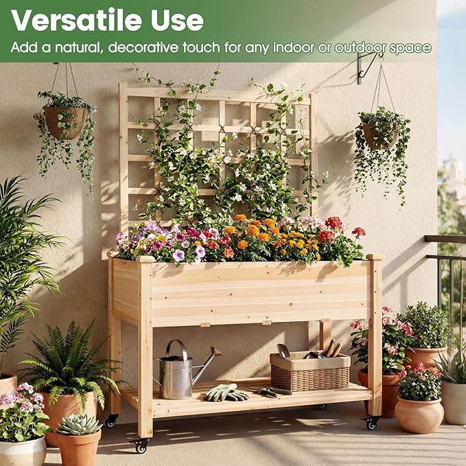 Giantex 65'' Wooden Raised Garden Bed w/Trellis on Wheels Mobile Elevated Planter Box w/Legs Liner &amp Drainage Holes for Climbing Plant Vegetable Herb Flower Outdoor Garden Box Backyard Balcony
