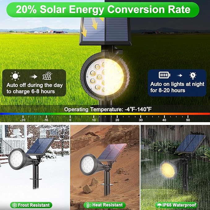 Solar Spot Lights Outdoor Waterproof 180° Adjustable Solar Powered Landscape Lights for Yard 4 Lighting Modes Solar Spotlights for Pathway Garden Outside Wall Pool Porch (6 Pack Warm White)