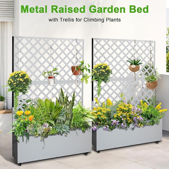 CuisinSmart Metal Raised Garden Bed with Trellis and Wheels 72.83x46.46x11.81 Planter Box for Climbing Plants Vegetables &amp Vines Features Drainage Holes and Privacy Screen