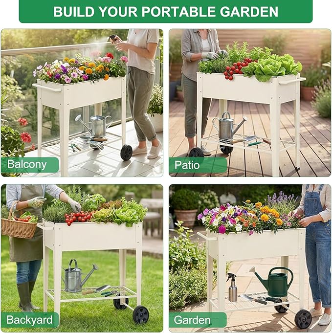 Elevated 32 Tall Raised Garden Bed with Legs and Wheels for Mobility Metal Planter Boxes Outdoor with Shelf Raised Bed for Gardening Vegetables/Herbs Backyard Patio Balcony White
