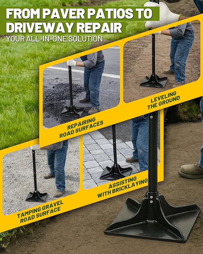 Steel Tamper Tool 8''x8'' Heavy Duty Hand Tamper for Soil Compaction 48 Adjustable Handle with Non-Slip Grip Ground Dirt Tamper for Landscaping Patio Asphalt Repair with Gloves