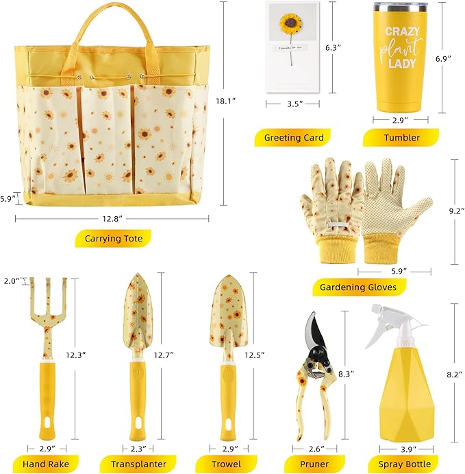 Sunflower Gardening Gifts for Women Garden Tool Set Heavy Duty Gardening Hand Tools with Garden Tool BagYellow
