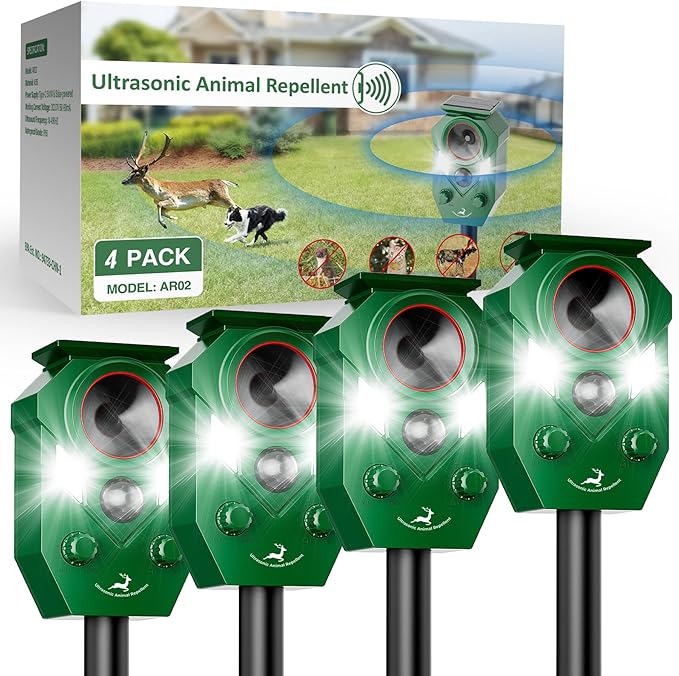 Solar-Powered Ultrasonic Animal Repellent with Motion Sensor Perfect for Outdoor Yards Deer Repellent Device with LED Flashing Lights Effective to Repel Deer Coyotes Raccoons and Cats