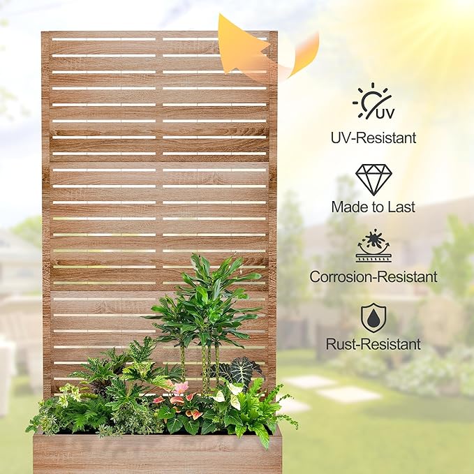 Raised Garden Bed with Trellis and Wheels73x47x16 Metal Raised Garden BedWood Finish Metal Planter with Climbing Trellis for Vines &amp Vegetables