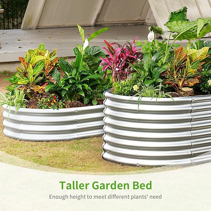 Land Guard Galvanized Metal Raised Garden Bed Kit 8x4x1.5ft Large Planter Boxes Outdoor Oval Gardening Box Patio Garden Planter Box for Vegetables (Silver)