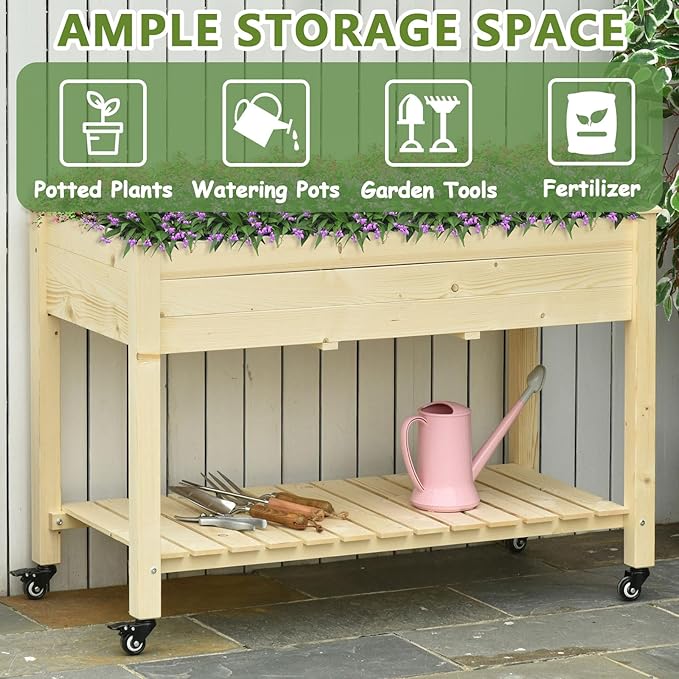 Elevated Herb Garden BedWooden Standing Planter Box with WheelLegs and Storage ShelfPatio Raised Garden Bed for HerbsVegetablesFlowers (Cream White 46.5 Inch)