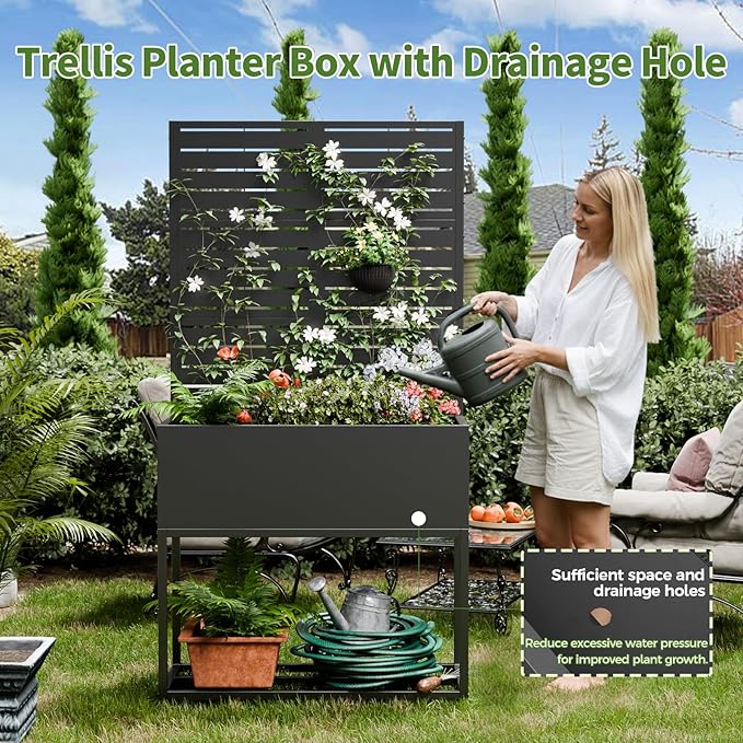 Metal Planter Box with Trellis67 H x35 W Raised Garden Beds with Privacy Screen for Climbing Plants Flower Elevated Standing Planter Garden Bed with Drainage Holes for Outdoor PatioBlack