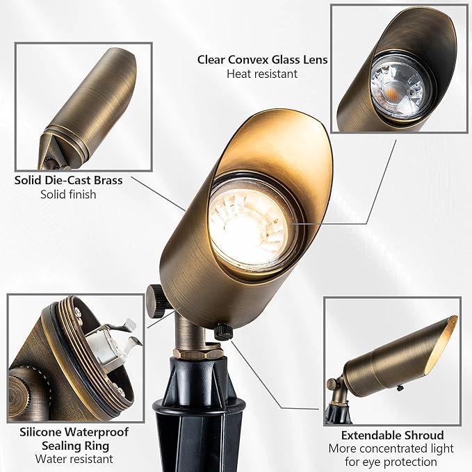 LumStory Brass Low Voltage Landscape Spotlight 12V Bronze Waterproof Shroud Adjustable Outdoor Landscape Lighting with MR16 LED Bulb 5W 3000K 4-Pack