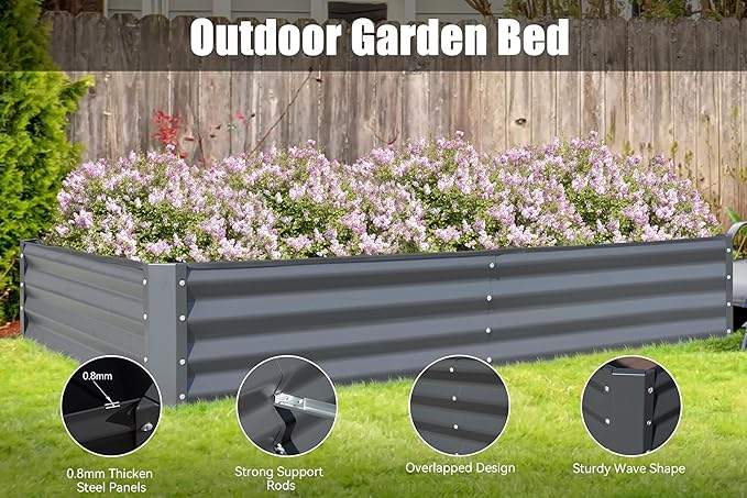 8x4x1 ft Galvanized Raised Garden Bed Outdoor Planter Garden Boxes Large Metal Planter Box for Gardening Vegetables Fruits Flowers Gray