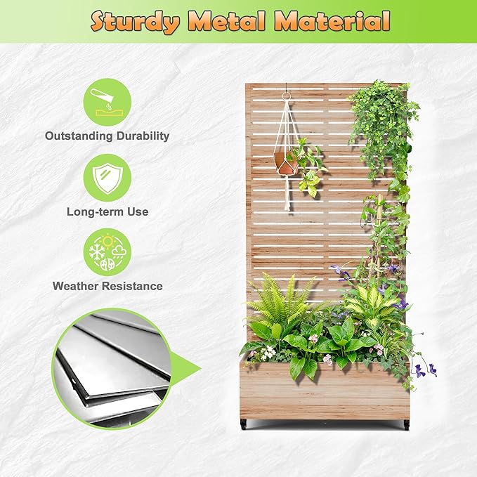 Metal Raised Garden Bed with Trellis 2-in-1 Planter Box &amp Privacy Screen for Climbing Plants Outdoor Standing Flower Bed with Drainage Holes 35.4 L x 15.7 W x 70.1 H Acacia Wood Grain