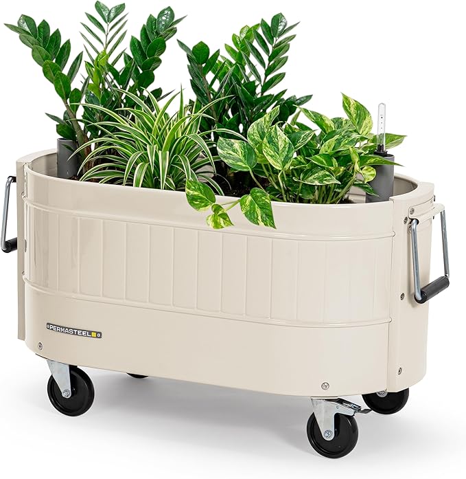 Permasteel Self-Watering Garden Bed Rolling Planter for Vegetables Flowers Herbs and Fruit Outdoor Indoor Caster Wheels Ivory