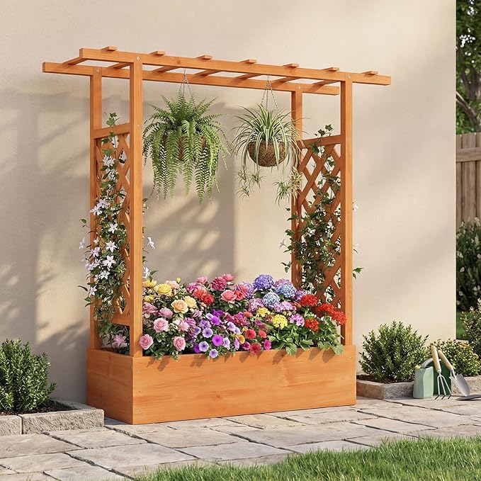 S AFSTAR Raised Garden Bed with Trellis 2 Pieces Fir Wood Planter Box with Flat Roof &amp Drainage Holes Vertical Planter Raised Bed for Climbing Plants Flowers &amp Vegetables 43 x 14 x 45 (