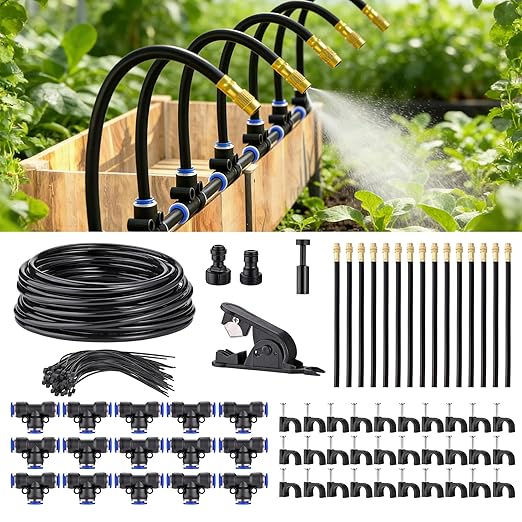 360° Adjustable Drip Irrigation System Garden Watering 5/16 Automatic Atomizing Sprinkler System with Hose Tubing Flexible Copper Nozzles Quick Connector Greenhouse Raisedbed Lawn (50ft + 15 Nozzles)