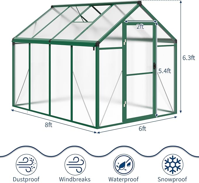 6X8 FT Outdoor Polycarbonate Greenhouse Sturdy Aluminum Frame Adjustable Roof Vent Ideal for Backyard Patio or Garden All-Weather Green House for Growing Plants and Vegetables