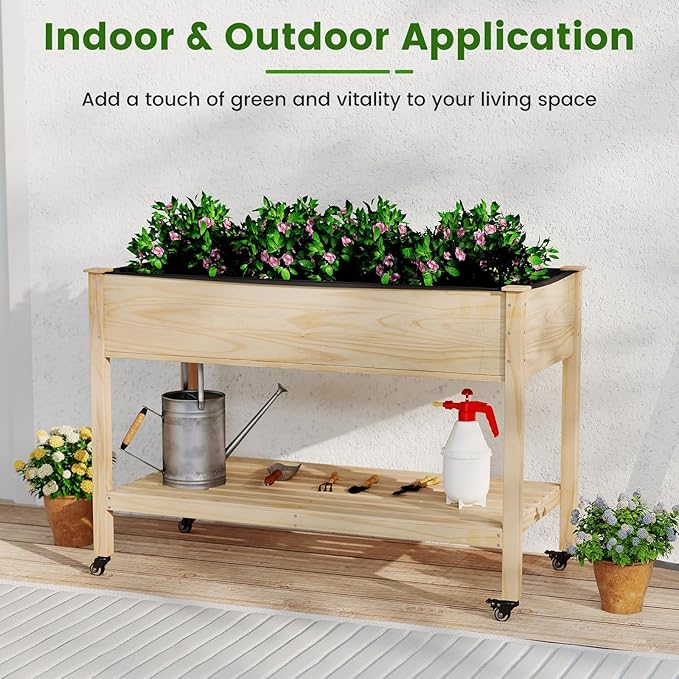 2 Pcs Raised Garden Bed with Legs Wood Raised Planter w/Lockable Wheels Drainage Holes &amp Storage Shelf Planter Box for Flowers Herbs Outdoor Balcony Backyard 47 L x 23 W x 33 H