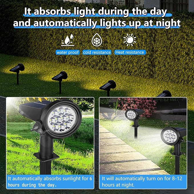 Solar Spot Lights OutdoorSolar Lights Outdoor Waterproof IP68Dark Sensing Auto On/OffSuitable for Garden Corridor Landscape Lighting and Flag Lighting. (Warm White 4-Pack)