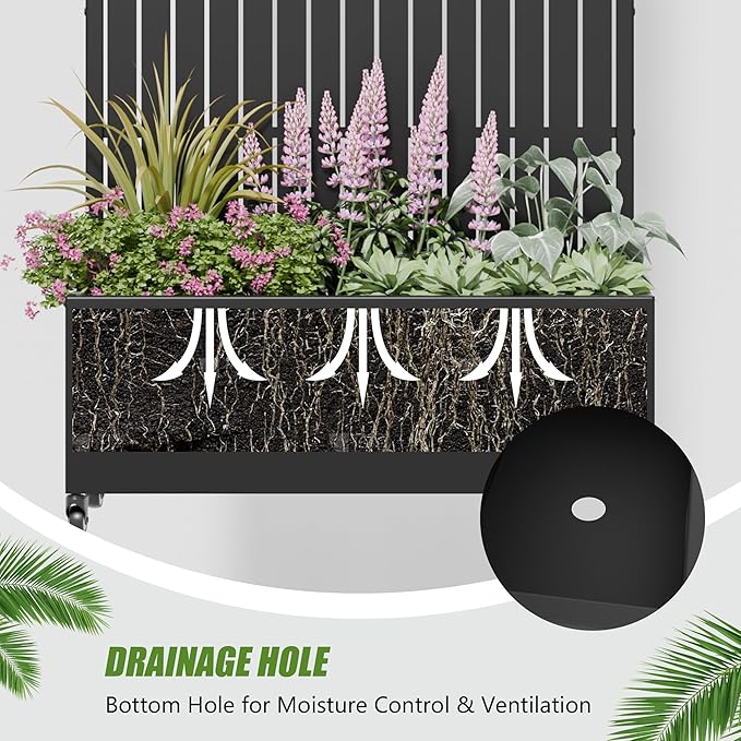 Casaphoria 72x35 Metal Raised Garden Bed with Trellis(2 Pack) Outdoor Planter Box with Wheels &amp Drainage Holes for Climbing Plants Flowers Elevated Garden Kit with Privacy Screen Black-Fence