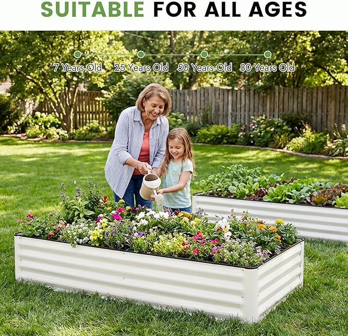 INNO STAGE Galvanized Raised Garden Bed Kits 6x3x1ft Metal Raised Garden Beds Outdoor Large Steel Raised Planter Bed with Gloves for Vegetables &amp Flowers Patio Ground Planter Box (White 2PCS)