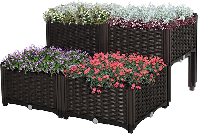 4 Pcs Raised Garden Bed with Legs Self Watering Planter Box Raised Bed to Grow Flowers Herbs Vegetables Brown NU69