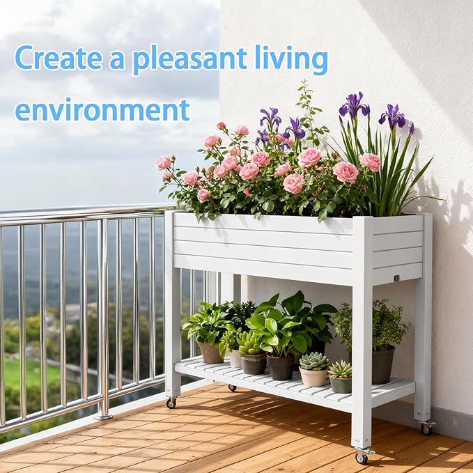 43 Elevated Garden Bed with Wheels &amp Legs 78L/21 Gal Large Raised Planter Box with Drainage &amp Water Level Indicator Mobile Herb Garden Kit for Patio &amp Balcony Grayish-White