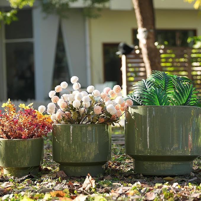 Handmade Solid Glaze Ceramic Planter Set of 3 15129 Inch Diameter for Succulents Flowers Outdoor G Indoor Staircase Use Breathable Porous Clay Earthy Green
