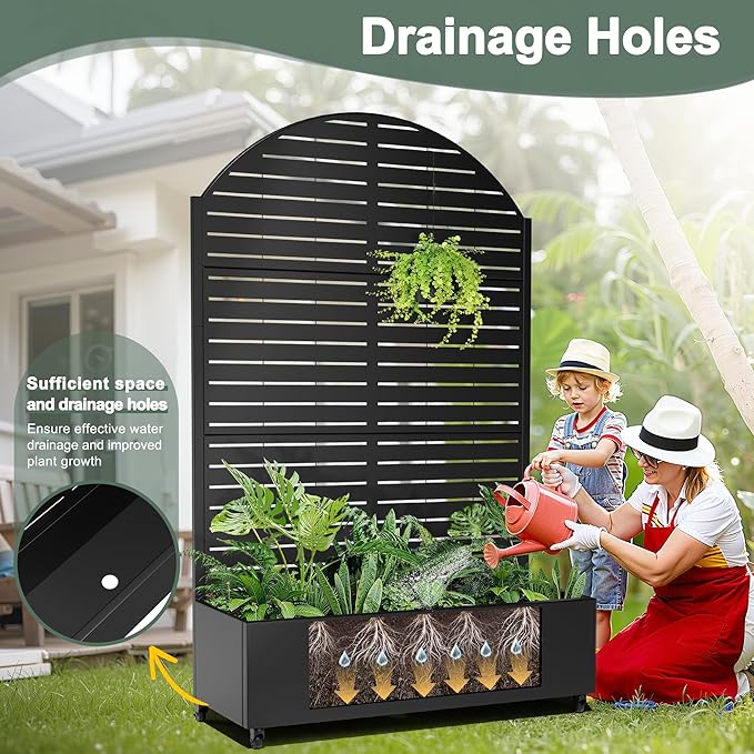 Metal Planter Box with Trellis for Climbing Plants Vegetables Raised Garden Beds with Privacy Screen &amp Wheels Standing Flower Box with Drainage Holes (47 L Black Arch)