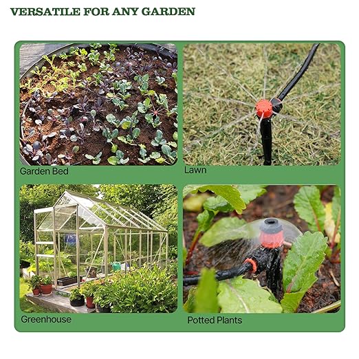 A ANLEOLIFE 100FT Drip Irrigation Kit All-in-One Quick-Connect System with 1/2” Mainline + 1/4” Tubing Y Splitter 22 Adjustable Emitters &amp Nozzles for Raised Beds Greenhouse Vegetable Garden